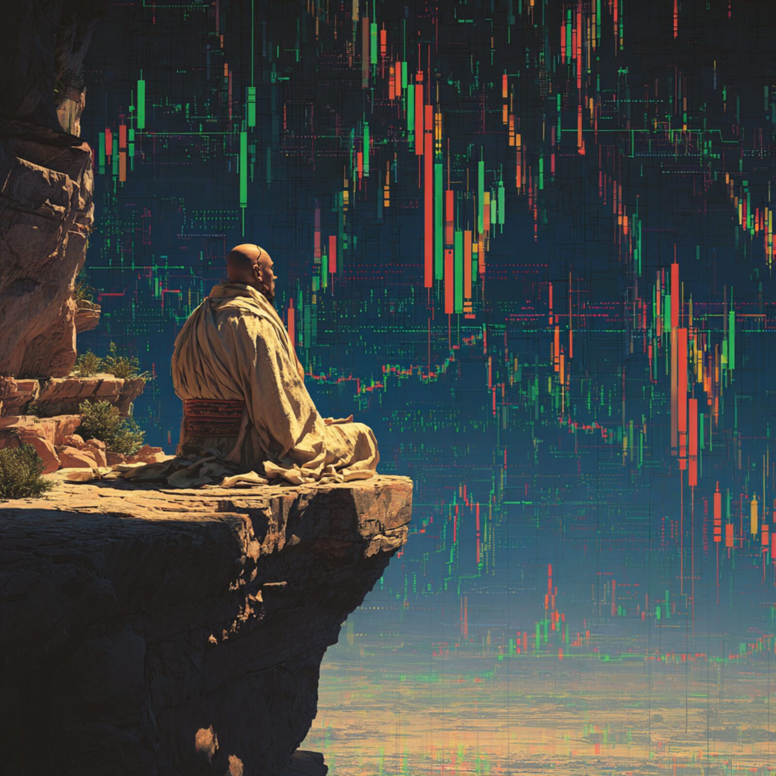 A cybernetic monk meditating on a cliff edge facing a wall of live candlestick charts